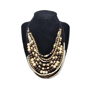 Layered Beaded Brown and Tan Tone Statement Necklace Classiccore Boho